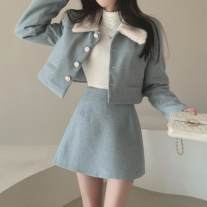 

South Korea chic winter niche temperament color lapel bubble sleeve coat + high waist slim A-line skirt set