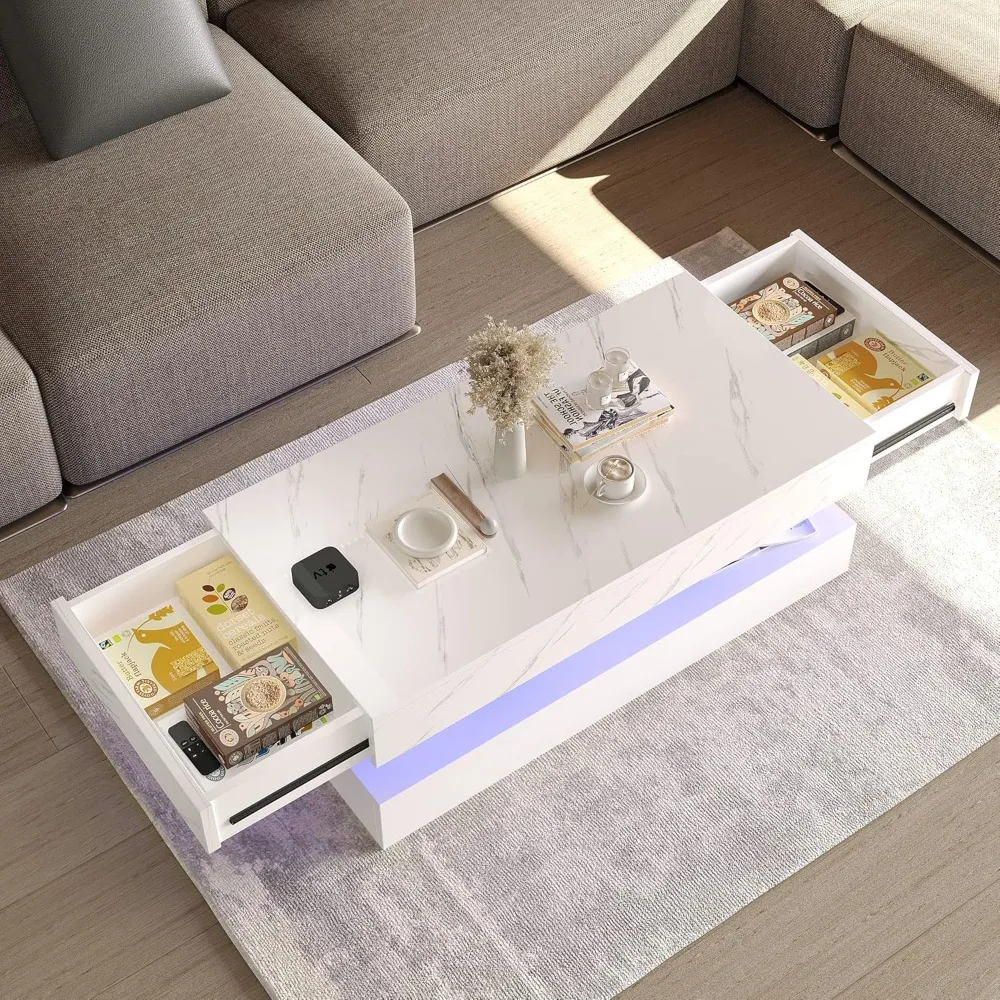 LED Coffee Table with 2 Storage Drawers, Modern High Gloss White Coffee Table w/20 Colors LED Lights, 2 Tiers Rectangle Center T 5