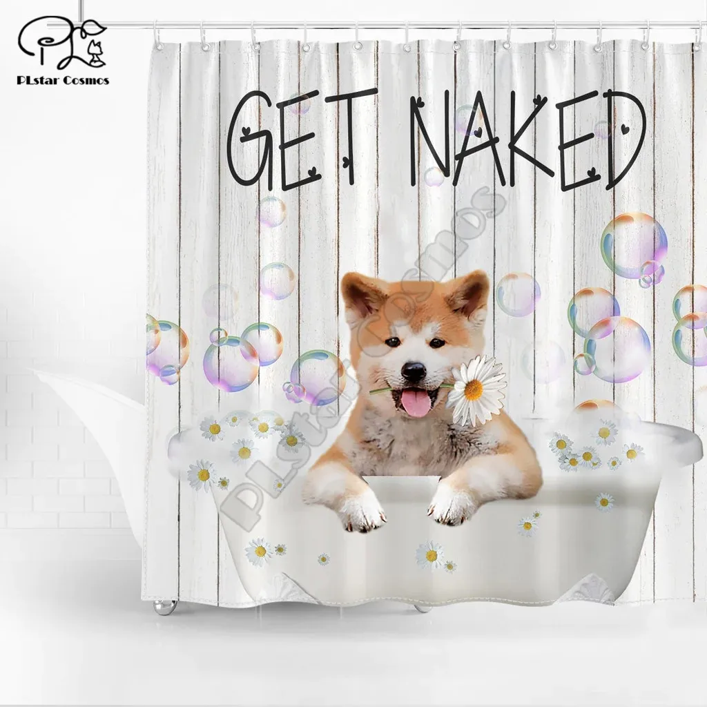 

Funny Akita Inu Get Naked Daisy Shower Curtain Cartoon Animal 3D Printed Bathroom Curtains with Hooks