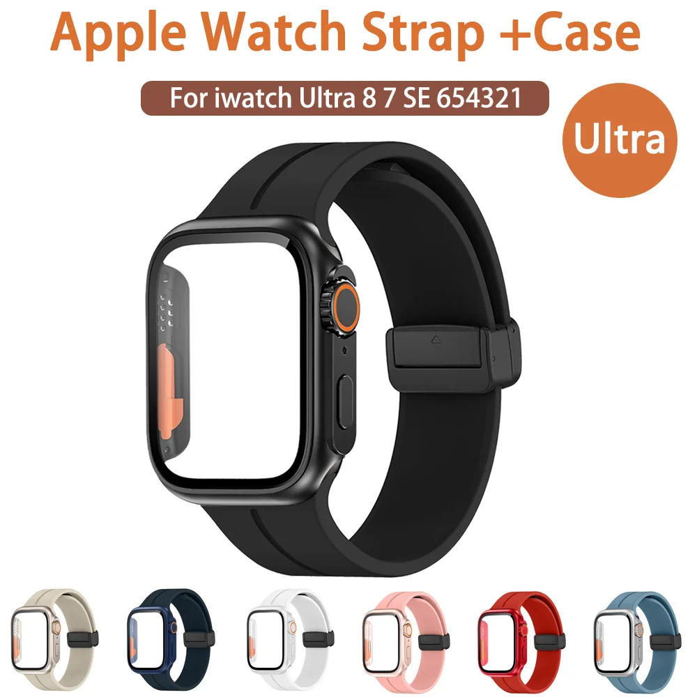 

Glass case+Apple watch Magnetic Strap For iwatch ultra band 49mm 41mm 45mm 40 44 38 42 Silicone Bracelet iWatch Series 876se543