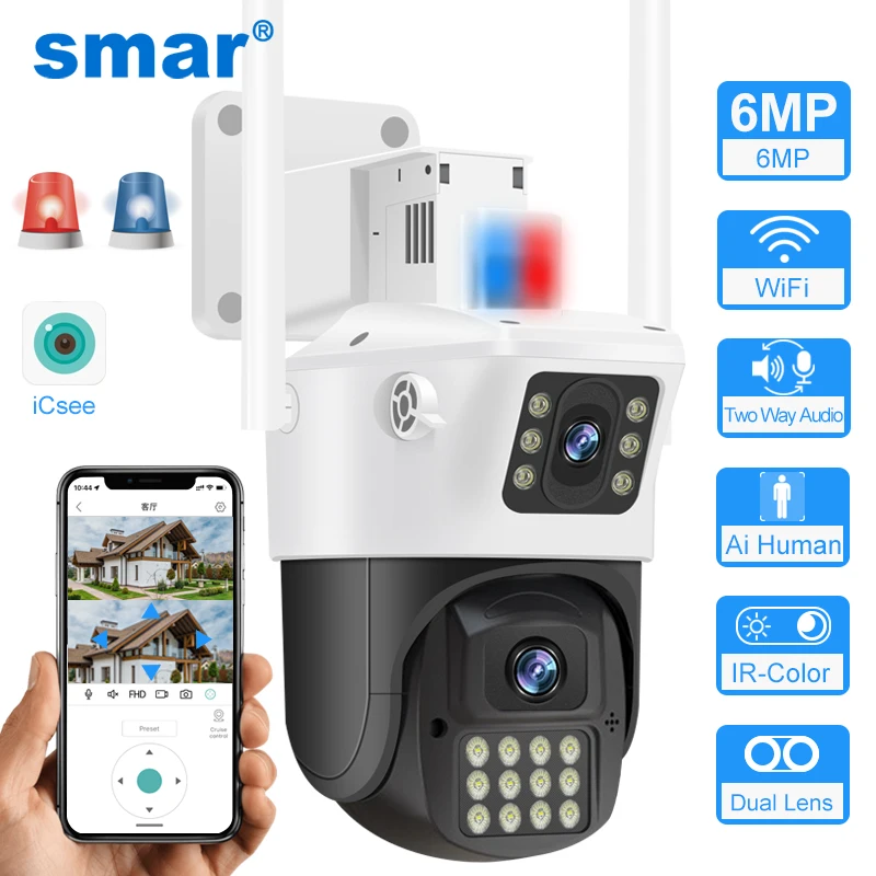 Smar 4MP PTZ Wifi Camera Dual Lens Dual Screen Security Video Surveillance Outdoor IP Camera Police Light Alarm Auto-track ICSEE