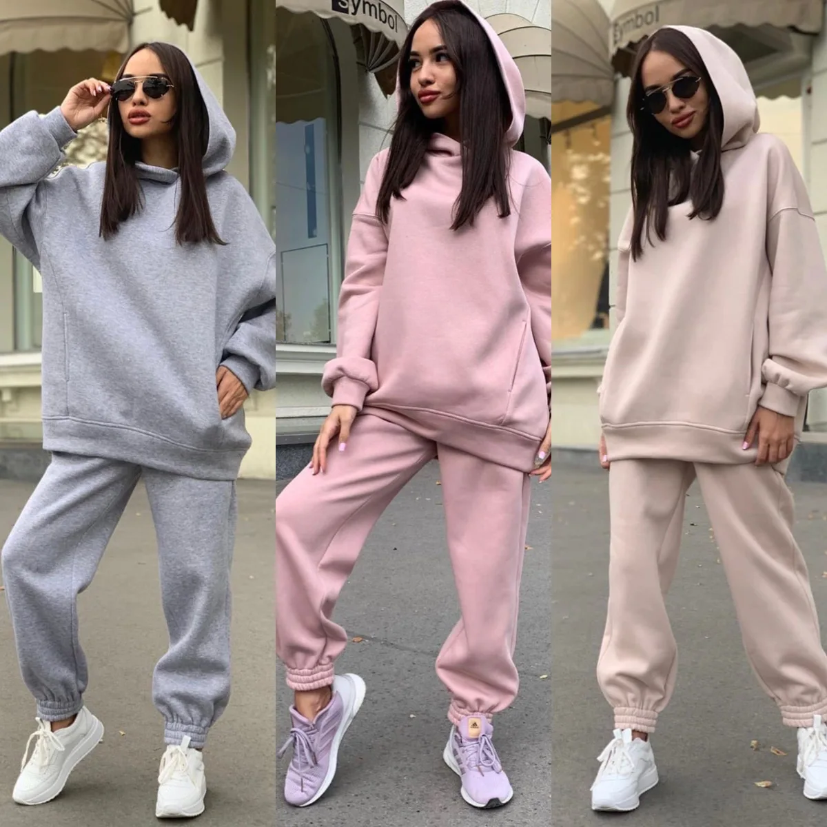 Autumn Winter Solid Color Loose Casual Hoodies Sweatpants Set Women Fashion Simple Hooded Sweatshirt Pants Suit Female Clothes
