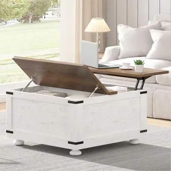 White Farmhouse Coffee Table with Storage, Square Lift Top Coffee Table with Hydraulic and Wood Gourd Feet for Living Room, Whit 5