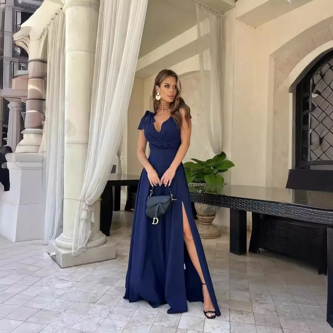 Summer Women Party Maxi Dress Cross V-neck Bowknot Strap X-long