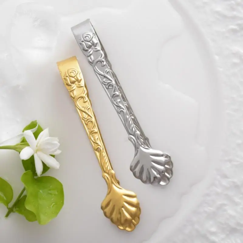 Rose Relief Ice Clip Stainless Steel Foods BBQ Square Sugar Serving Tong Barware
