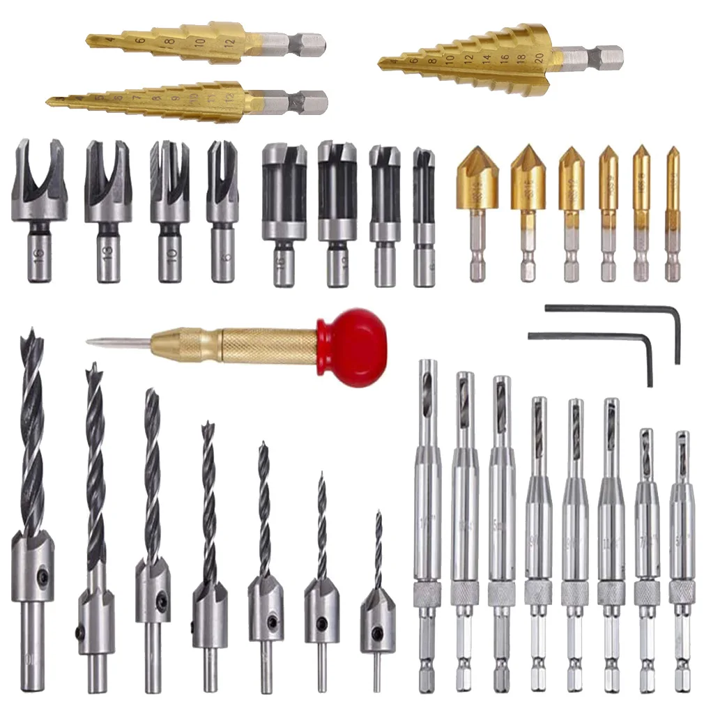 

34Pcs Woodworking Chamfer Drilling Tool Set Countersink Drill and Wood Plug Cutter Center Punch Core and Step Drill Set