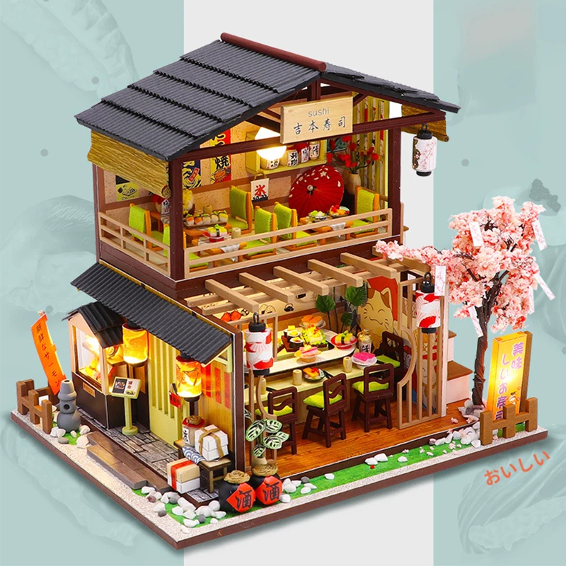 DIY Wooden Miniature Model Kit Japanese Sushi Store Casa Doll Houses 3D Puzzle Dollhouse With Furniture Lights for Friends Gifts 2