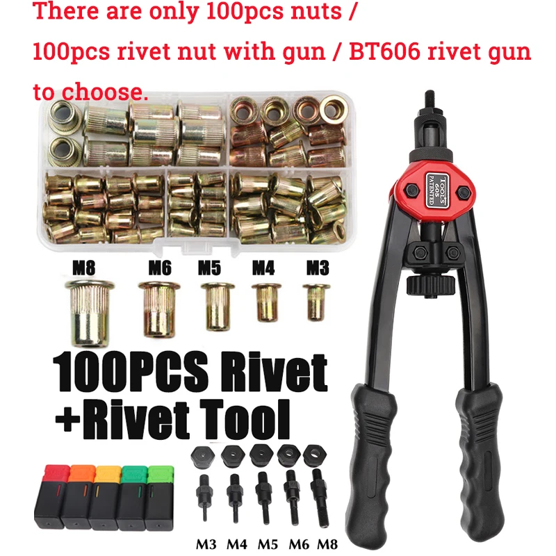 

Rivet M4 Nuts with Hand Tool 100pcs Rivnut Rivet Nut Riveting Gun M5 Double Insert Gun M3 M6 Manual Threaded M8 Riveter BT606