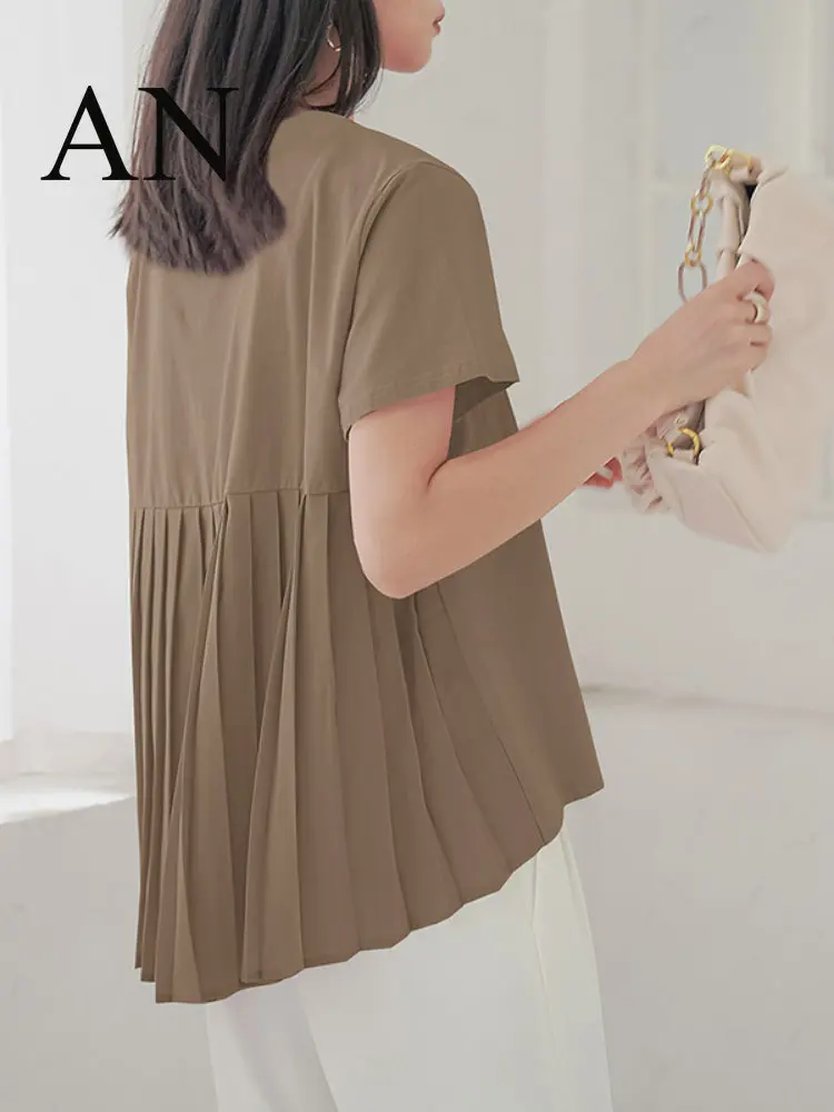 2023 Women Round Neck T-shirt Women Loose Back Pleated Design