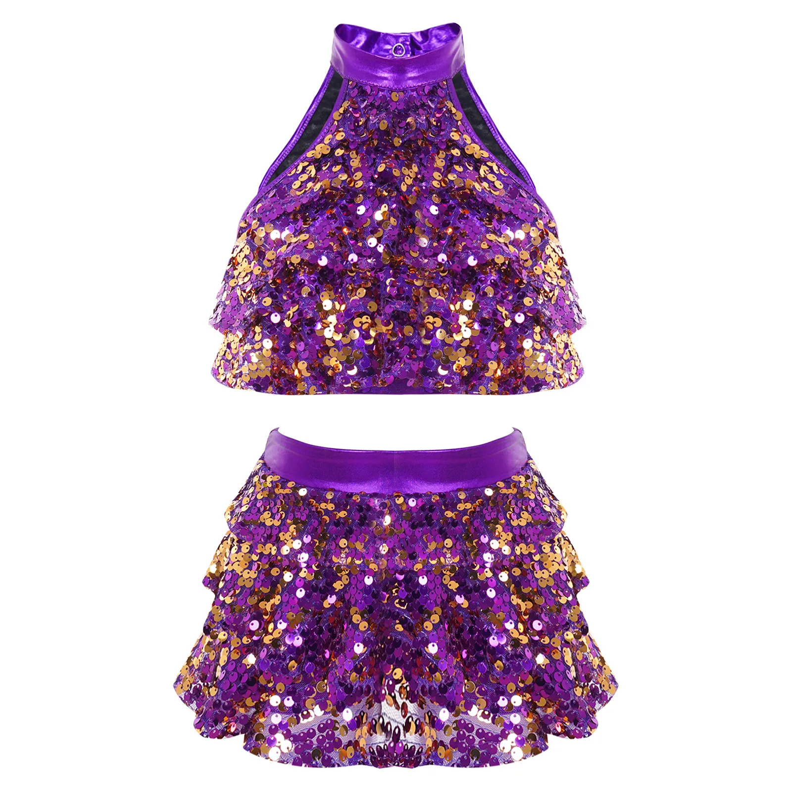 Chicas moderno Jazz Latino Salsa Samba Rumba danza traje de actuación metálico brillante lentejuelas Crop Top con falda pantalones cortos Culottes