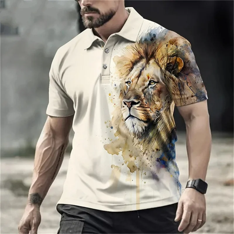 Summer Men's Polo Shirt Animal Printed 3D Simple Lapel Shirts Lion