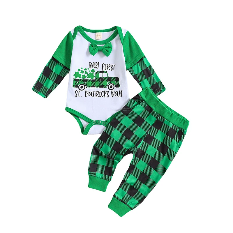

My First St Patricks Day Baby Boy Outfit Newborn Long Sleeve Bowknot Romper Plaid Pants Set Infant 2Pcs Clothes