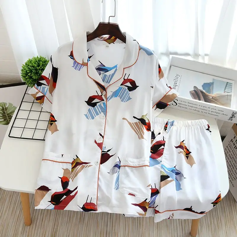Print Cotton Pajamas Women Short Sleeve Top Shorts Summer Homewear Oversized Pajama Sets Cardigans Korean Chic Nightwear New