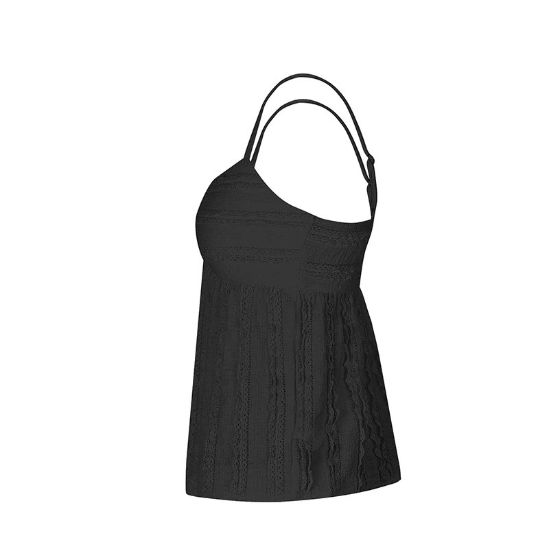 Blusa feminina preta regata de alça fina com busto franzido e tecido texturizado, estilo casual streetwear para o verão.