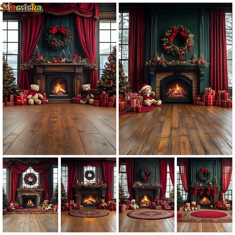 Christmas Home Background Photography Window Fireplace Wood Floor Gift Tree Bear Kids Baby Photo Backdrop Room Decoration Studio