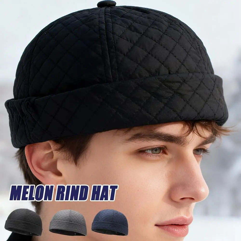 Square Grid Dome Melon Cap Men Brimless Hat Hip Hop Landlord Hat Autumn Winter Fleece-Lined Thicken Skullies Beanie Docker Cap