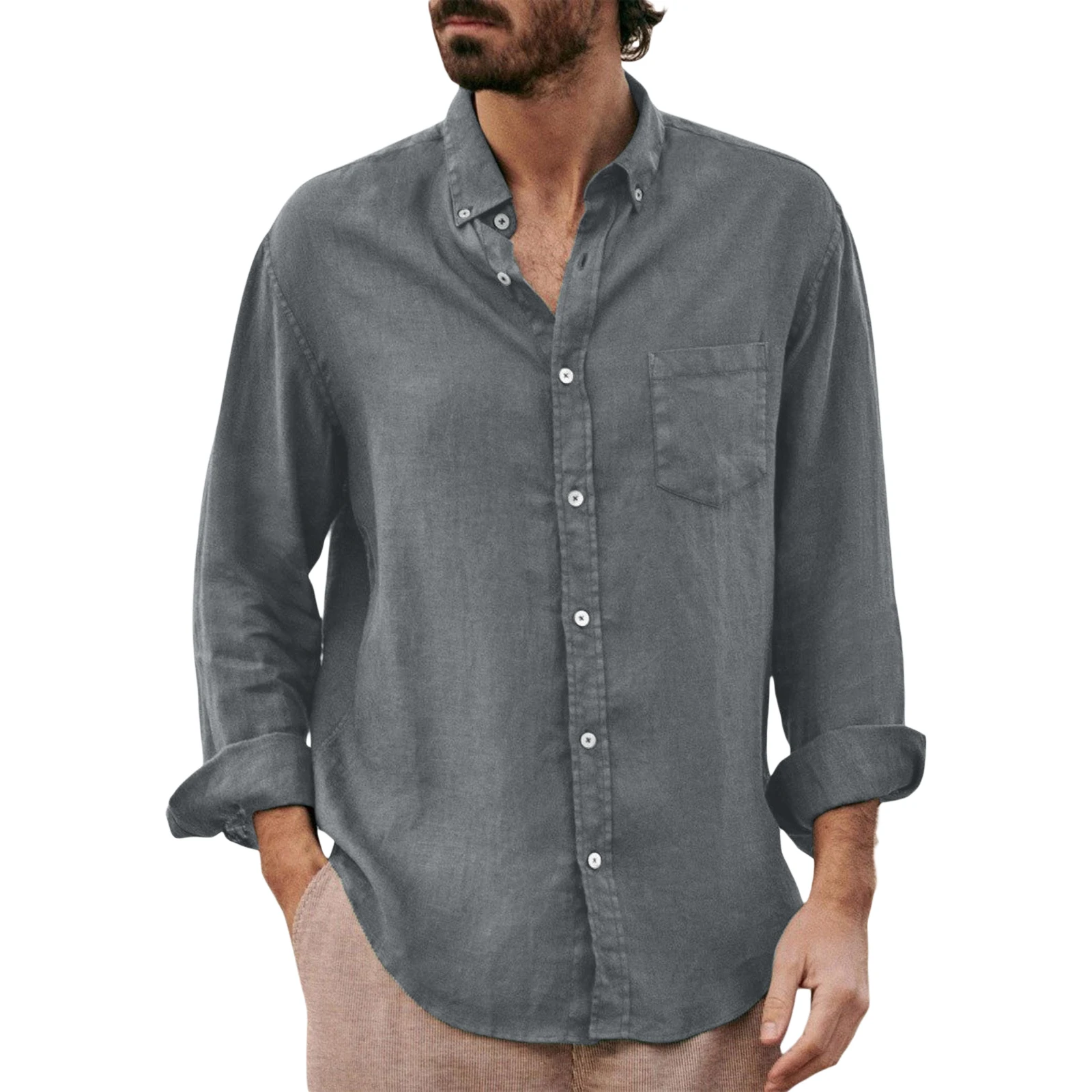 Men's Lapel Collar Shirt Solid Color Long Sleeve Button-Down Loose Simple Blouse with Chest Pocket