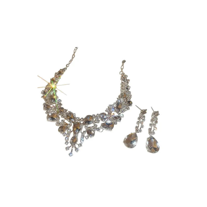 Faionable Cross-Border Diamond Embedded Waterdrop Earrings Nelace Set Luxury Sensation Clavicle Chain Jewelry Accories