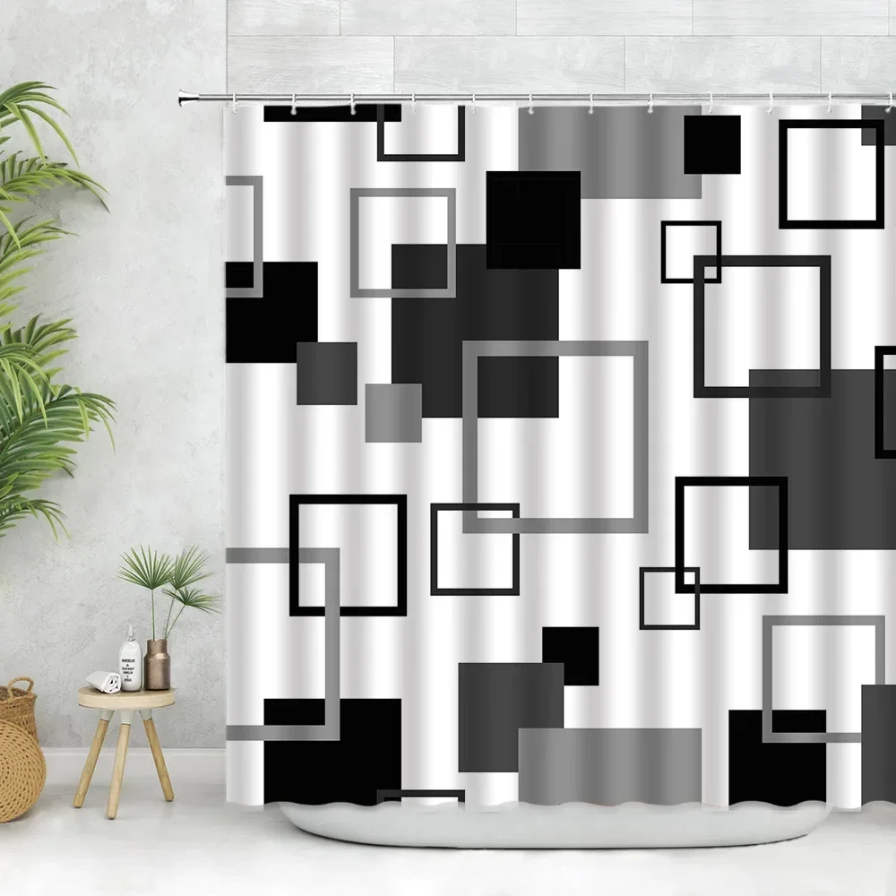 thumbnail image 1 of Juego de cortinas de ducha modernas negras con ganchos: cortinas de ducha en blanco y negro para baño, cortinas de baño geométricas de tela con ganchos, 1 of 4