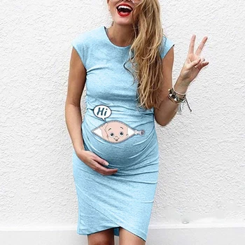Summer Maternity Cartoon Baby Funny Print Dress, Casual Stretchy Short Sleeve Crew Neck Slim Fit Bodycon Long T-shirts 4