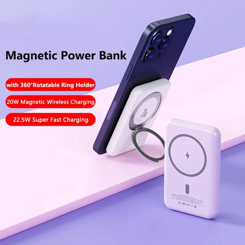 

20W Magnetic Wireless Charger Power Bank for iPhone 15 14 13 12 Samsung Huawei Xiaomi 22.5W Fast Charging Powerbank Ring Holder