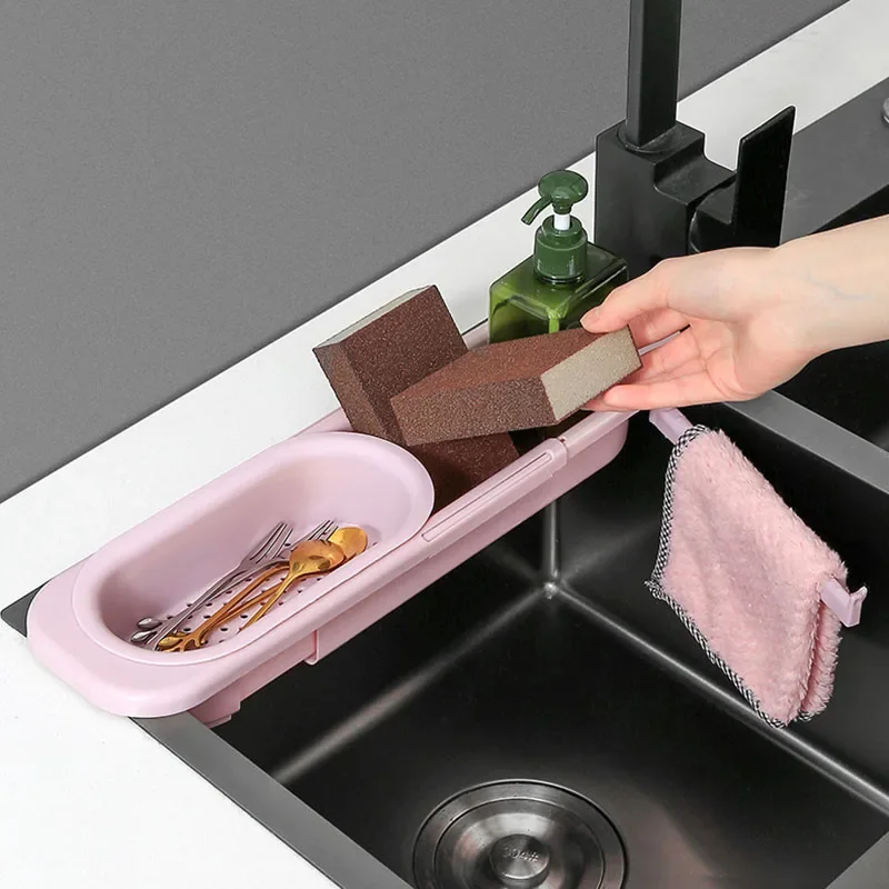Telescopic Sink Shelf Drainer Rack Kitchen Organizer Soap Sponge Holder Towel Rack Storage Organizer Basket Gadgets Accessories