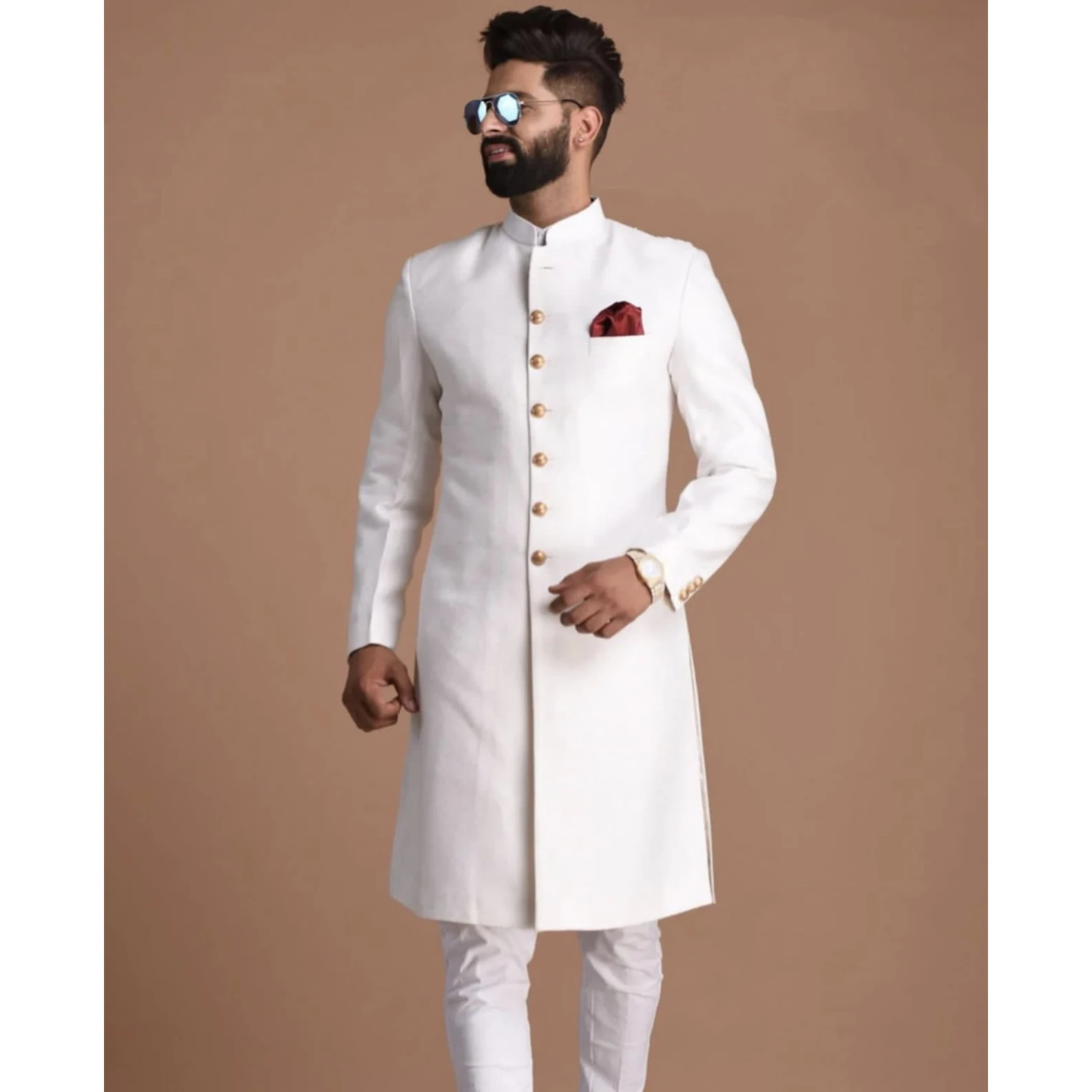 Men Fashion Suits Long Jacket Pants Two Piece Regular Wedding Groom Outfits Single Breasted Stand Lapel
