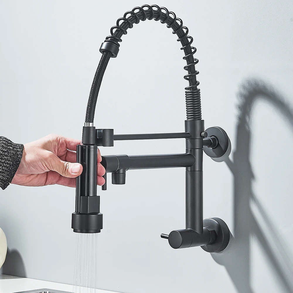 Pull Down Kitchen Faucet Wall Mounted Spring Single Cold Water Dual Spouts 360 Rotation Kitchen Tap kitchen faucets
