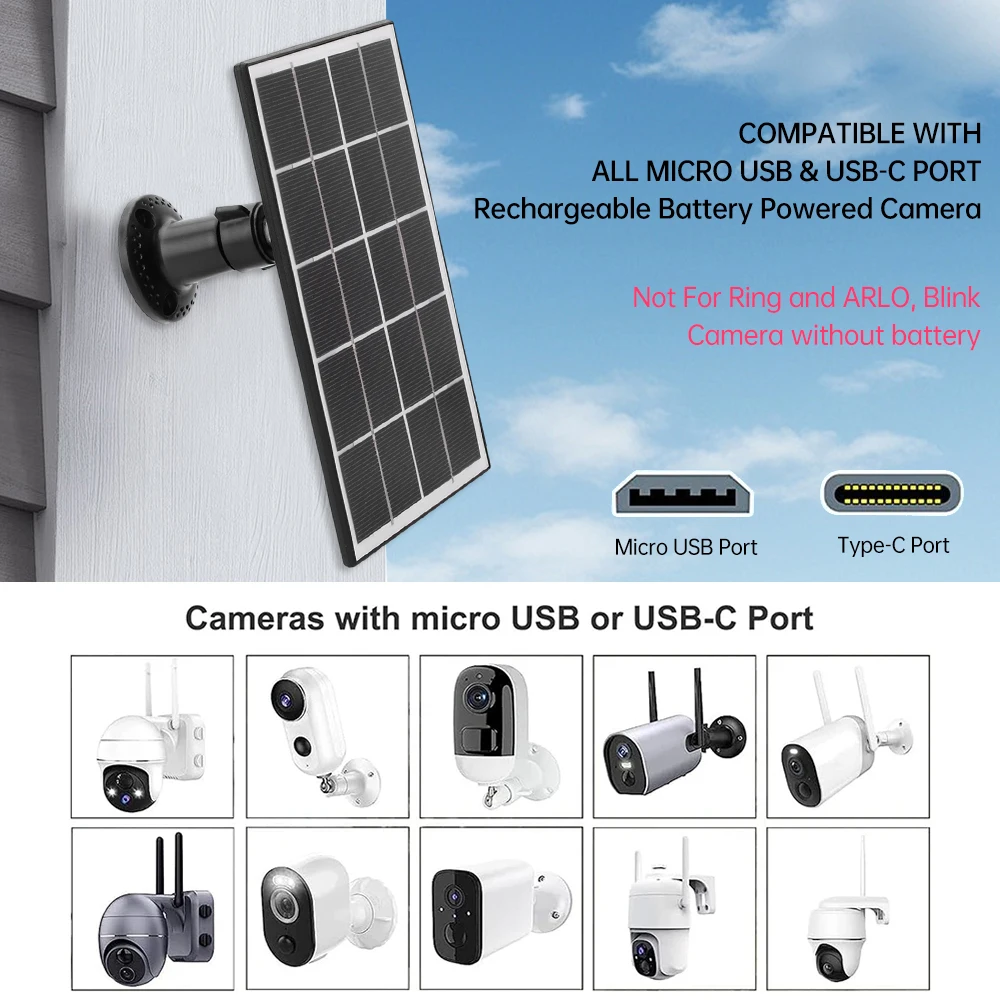5V 8W Solar Panels For Eufy Eufycam Micro+ Type-C/DC5521 Wall Mount Waterproof Solar Cell System Outdoor Battery Supply