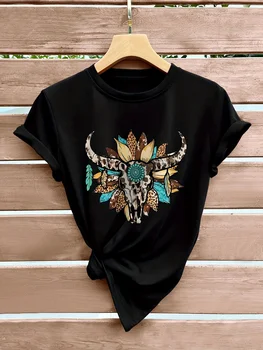 Cow Head Print T-shirt, Short Sleeve Crew Neck Casual Top For Summer & Spring, Women's Clothing 1