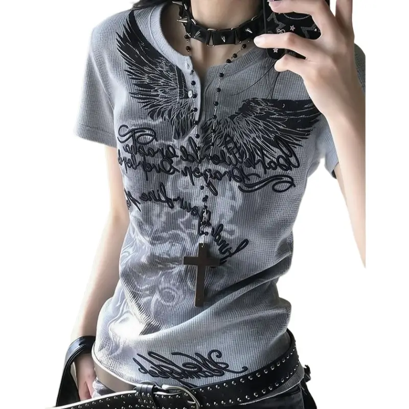 HOUZHOU Harajuku Gothic Print T-shirt Women Vintage Japanese Style Gray Graphic T-shirts Grunge Y2k Punk Slim Short Sleeve Tees - Image 6