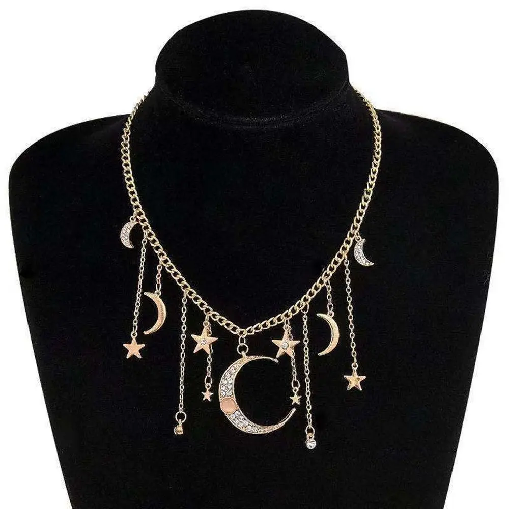 

Women Star Tassel Head Chain Rhinestone Moon Pendant Necklace Girl Choker Fashion Jewelry Simple Necklace