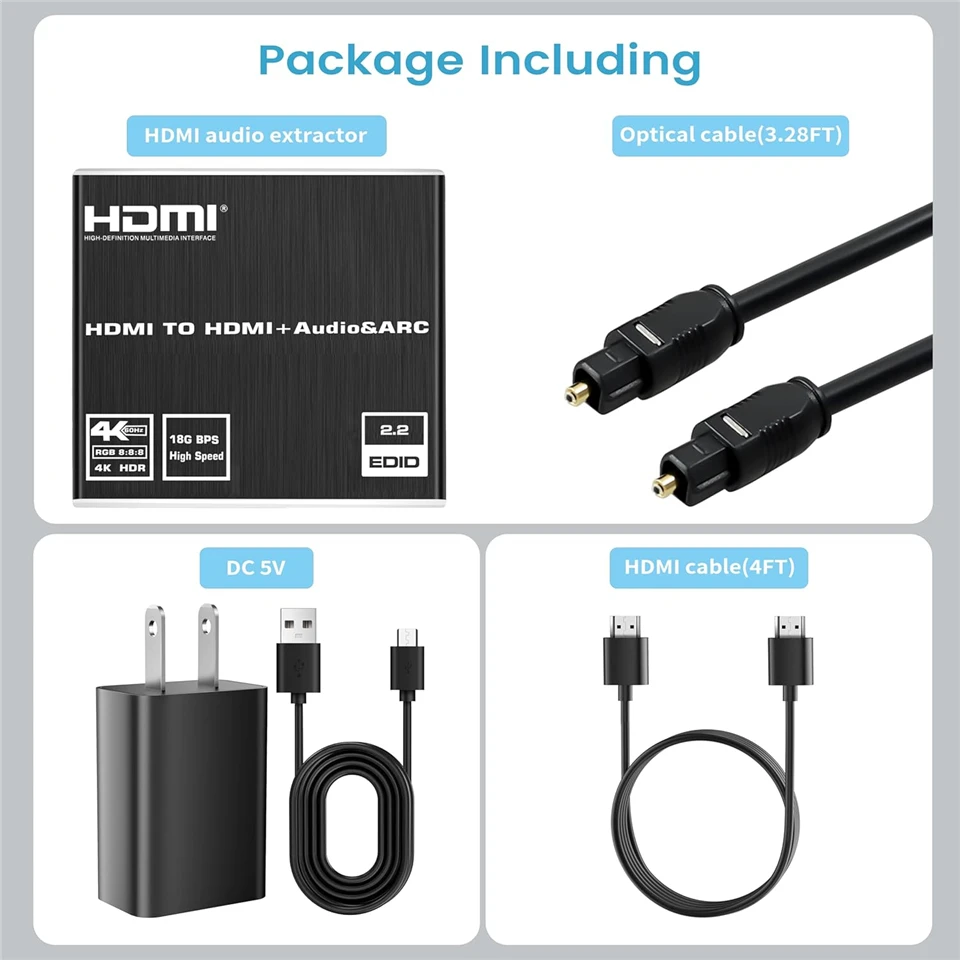 HDMI Audio Extractor HDMI to SPDIF Optical Toslink 3.5 Aux+4K HDMI Converter fo