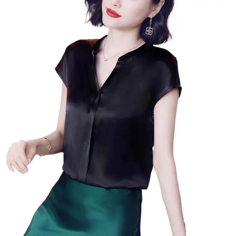 

Korean Fashion Artificial silk Blouses Women Elegant sexy V-neck Acetate satin shirts White Black Blusas tops Mujer De Moda