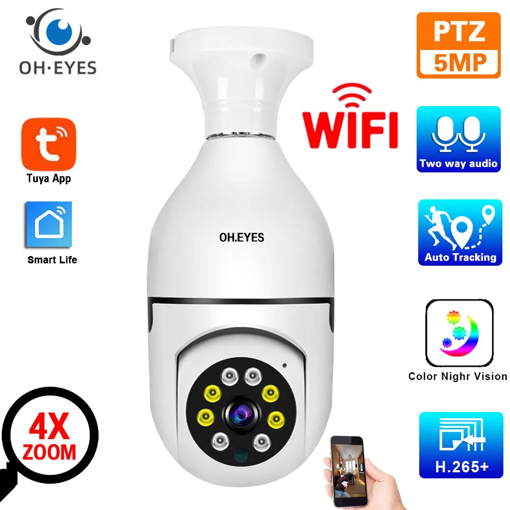 5Mp Tuya Wifi Ptz Camera Indoor Mini Lampadina Security Cam 2K Smart Home Monitoraggio Cctv Videosorveglianza Telecamera Ip Zoom 4X
