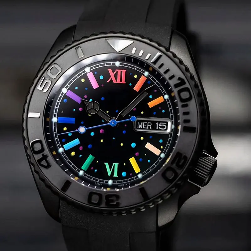 

41mm skx 007 Black Watch 316L stainless steel case convex sapphire glass rainbow Roman dial fits NH36 movement high-end watch