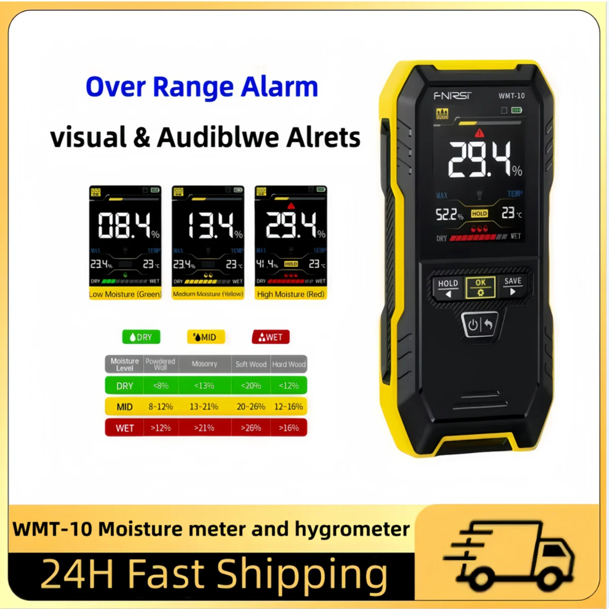FNIRSI WMT-10 Inductive Wood Moisture Meter Hygrometer Non-contact Timber Damp Wall Detector Non-destructive Humidity Tester