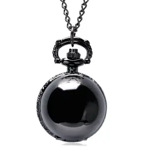 Steampunk Black Round Ball Quartz Pocket Watch Men Women Necklace Chain Best Gifts