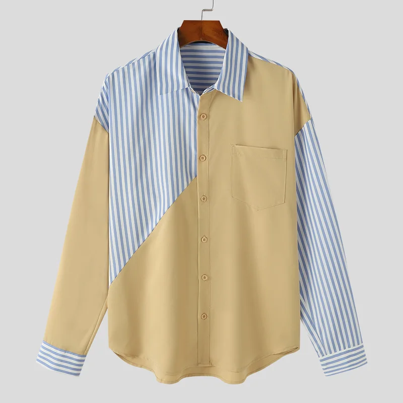 thumbnail image 1 of INCERUN Tops 2024 Camisas de estilo coreano con rayas y retazos en contraste para hombre, ropa de calle informal, blusa de manga larga con personalidad, tallas S a 5XL, 1 of 5