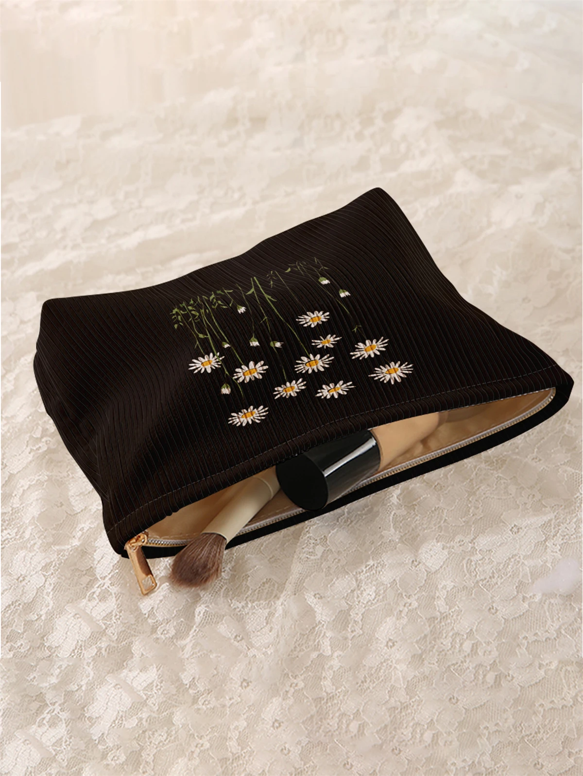1pc daisy patterned printed corduroy makeup bag, lightweight zipper makeup storage box, multifunctional bag with lining