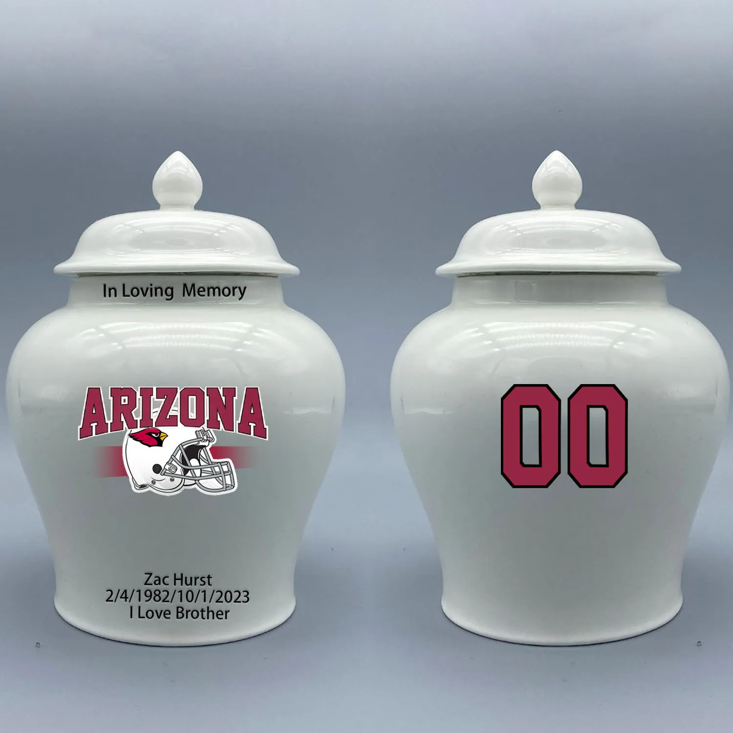 

Medium Urn for Arizona Cardinals-themed Logo Urn.Please send me the customize information-name/date and number on the urn