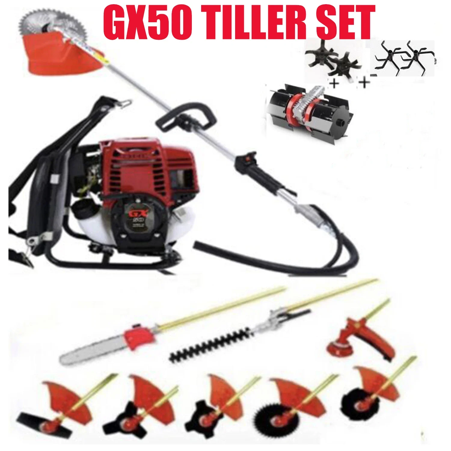 

GX50 Backpack 10 in 1 Brush Cutter 4 Stroke Engine Petrol Strimmer Grass Cutter Tiller Cultivator Trimmer Tool