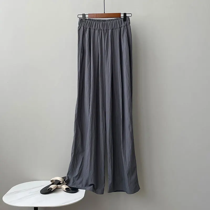 Thin Pleated Casual Pants Women 2024 Summer Japanese Lazy Drape Loose Elastic Waist Full Length Wide-leg Long Pants Comfortable