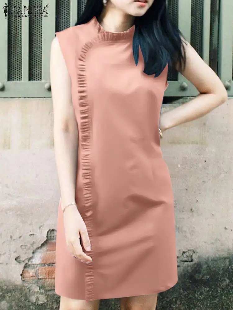 

Women Ruffled Stitching Dress Summer ZANZEA Vintage Sleeveless Tank Sundress Fashion 2024 Korean Stand Collar Robe Sweety Dress
