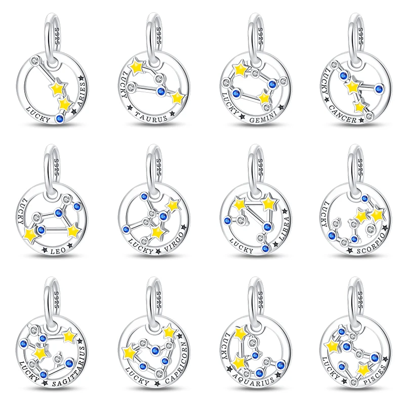 

100% 925 Sterling Silver Luminous Twelve Constellations Charms Pendants Fit Pandora Original Bracelets Fine DIY Birthday Jewelry