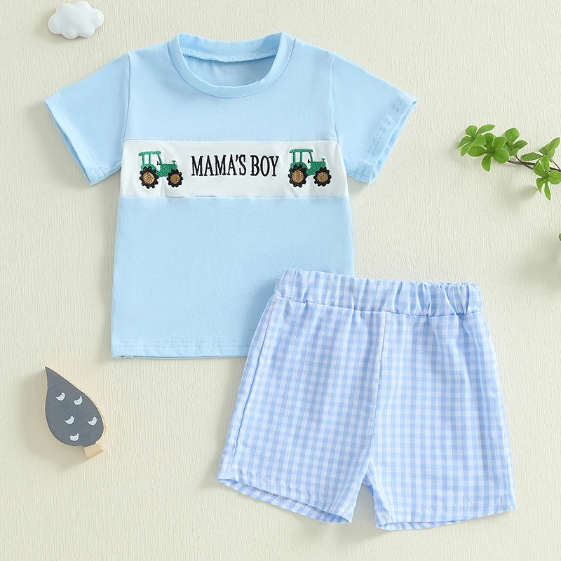 Baby Clothing Boy Summer Outfit Tractor Letter Embroidery Short Sleeve Tops Plaid Elastic Waist Shorts 2 Piece Set 2
