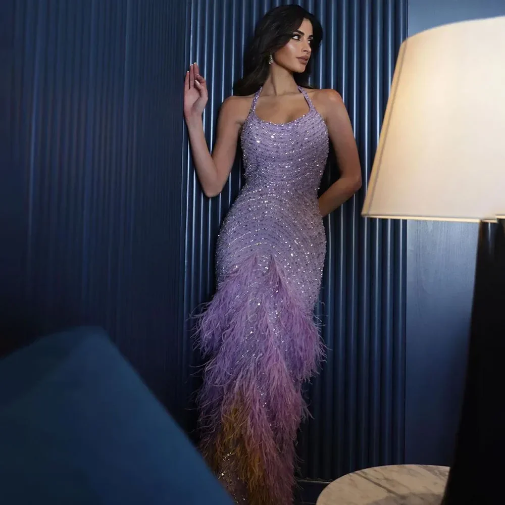 

GiayMus Lilac Straps Mermaid Sexy Wedding Party Dresses Luxury Feathers Evening Fashion Mid Gowns 2024 For Women EV72056