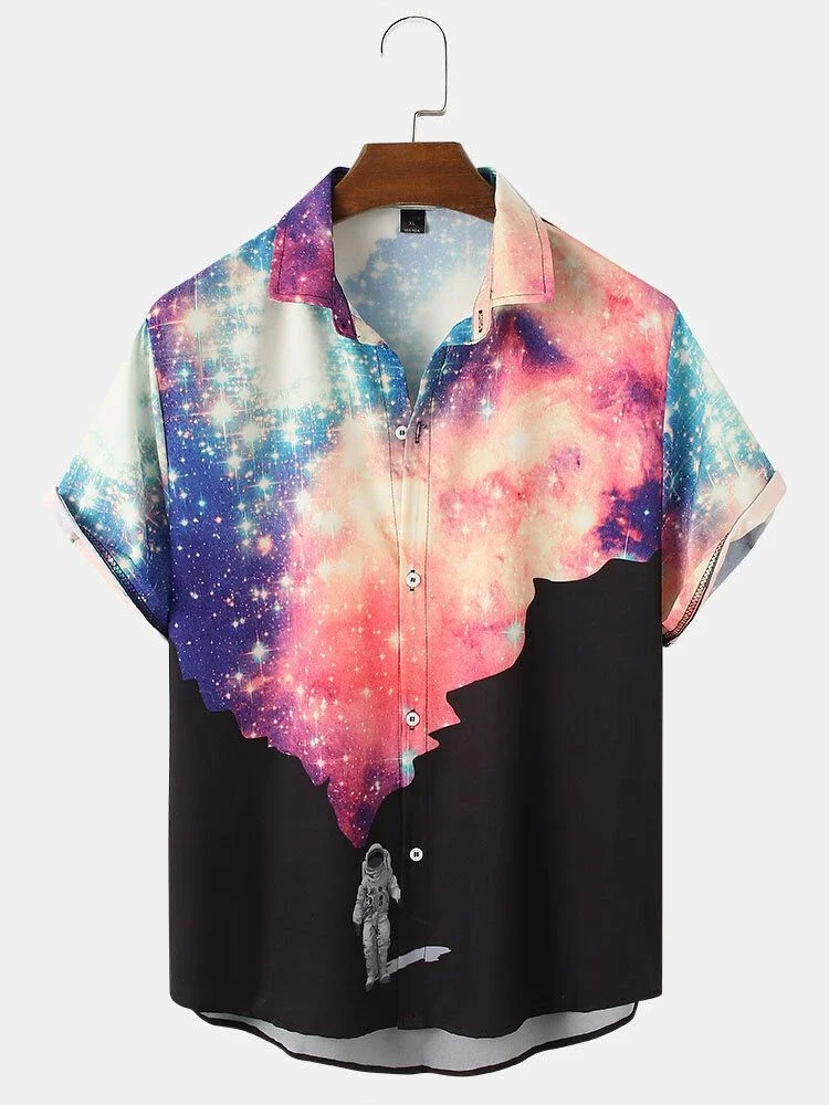 Men's shirts dreamy starry sky print fashion press men's lapel tops Hawaiian style men's short-sleeved shirts 2024 new style