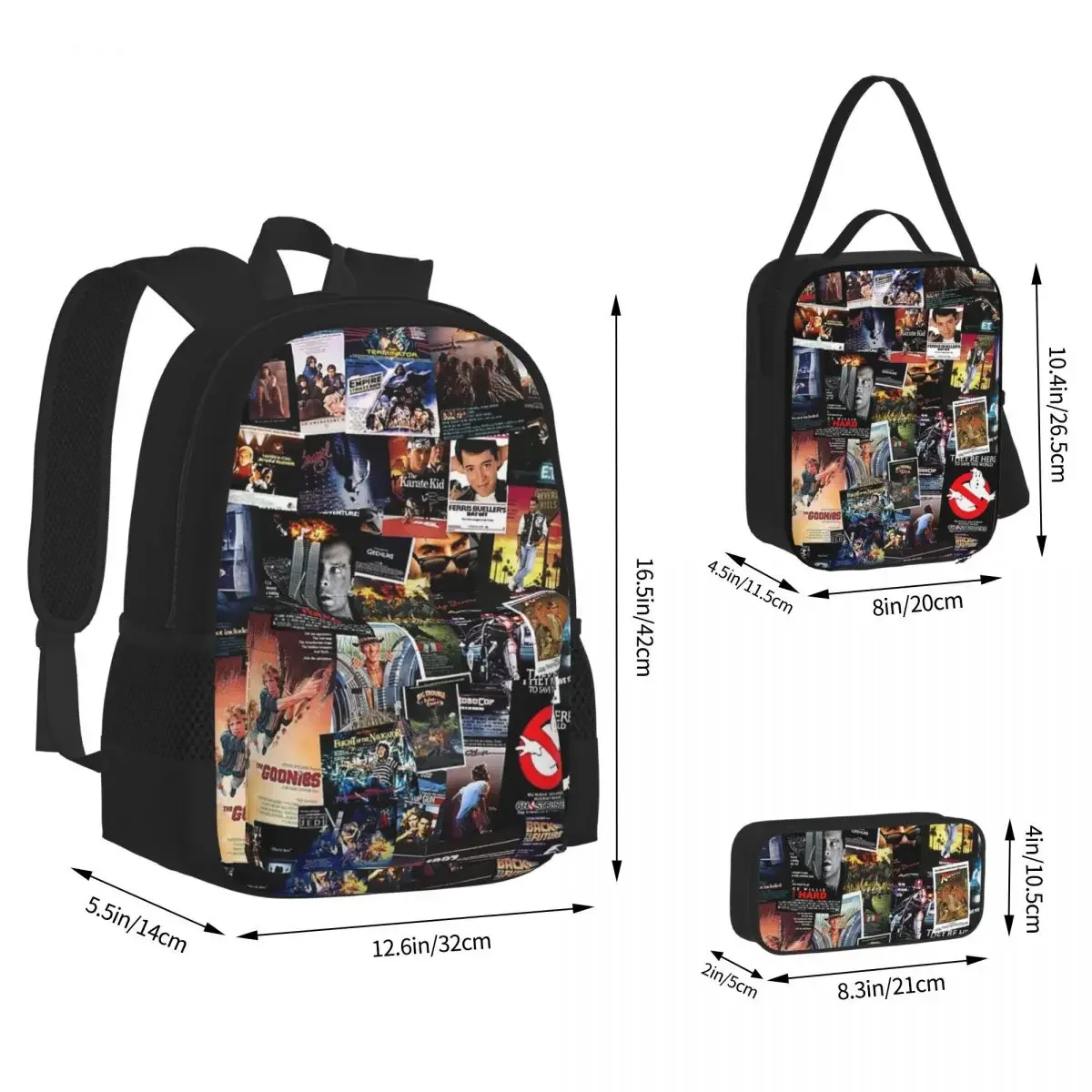 

1980s Movie Posters Backpacks Boys Girls Bookbag Children School Bags Cartoon Kids Rucksack Lunch Bag Pen Bag Three-Piece Set