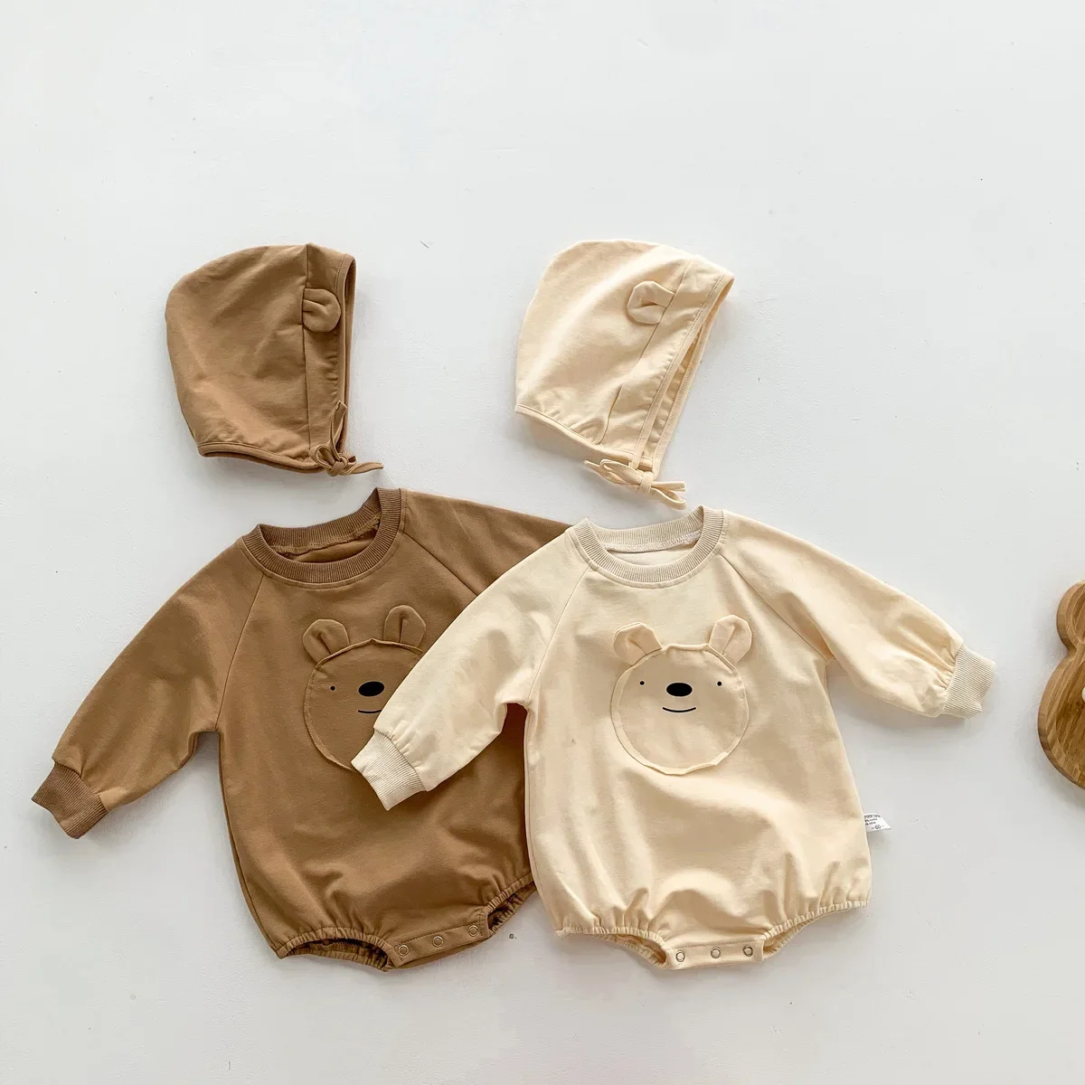 Korean Style BabyCute Bear Romper Newborn Cotton Crawling Costume With Cap Fresh Style Infant Clothing For Boys And Girls